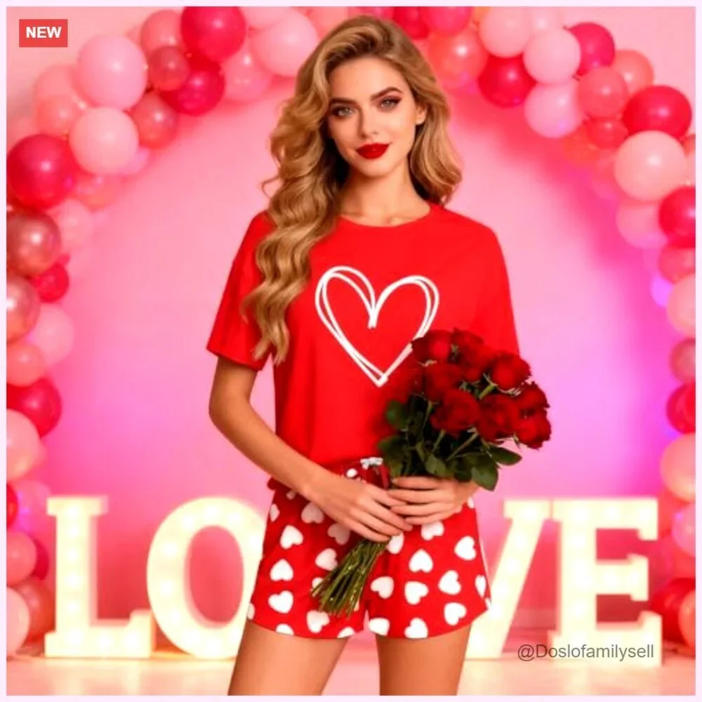 Valentine Pajama Set Short Sleeve Heart Print Loungewear Cozy Sleepwear